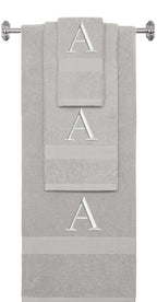 Silver monogrammed towel set with Silver thread, Times New Roman font, initial A - 540 GSM cotton 3-piece
