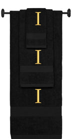 Black monogrammed towel set with Gold thread, Times New Roman font, initial I - 540 GSM cotton 3-piece