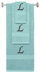 Nautical Teal monogrammed towel set with Black thread, Chancery font, initial L - 540 GSM cotton 3-piece