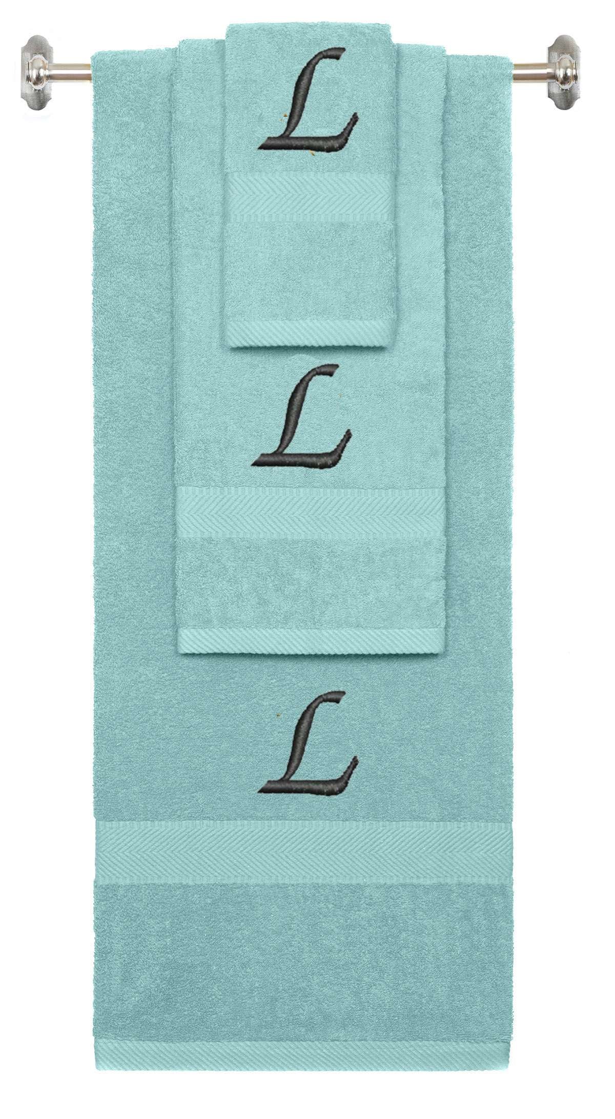 Nautical Teal monogrammed towel set with Black thread, Chancery font, initial L - 540 GSM cotton 3-piece