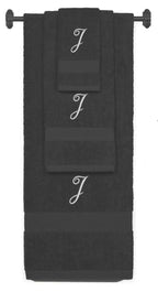 Charcoal monogrammed towel set with Silver thread, Diana Script font, initial J - 540 GSM cotton 3-piece