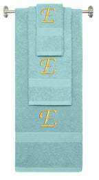 Nautical Teal monogrammed towel set with Gold thread, Chancery font, initial E - 540 GSM cotton 3-piece