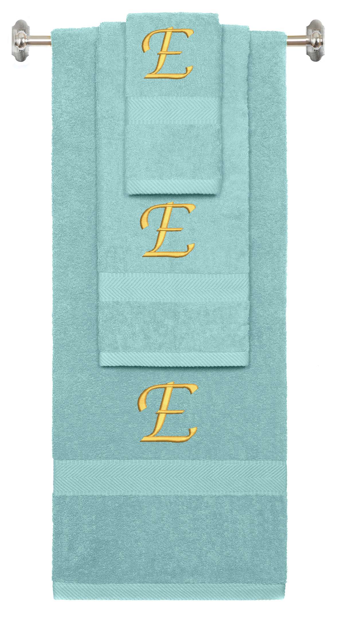 Nautical Teal monogrammed towel set with Gold thread, Chancery font, initial E - 540 GSM cotton 3-piece