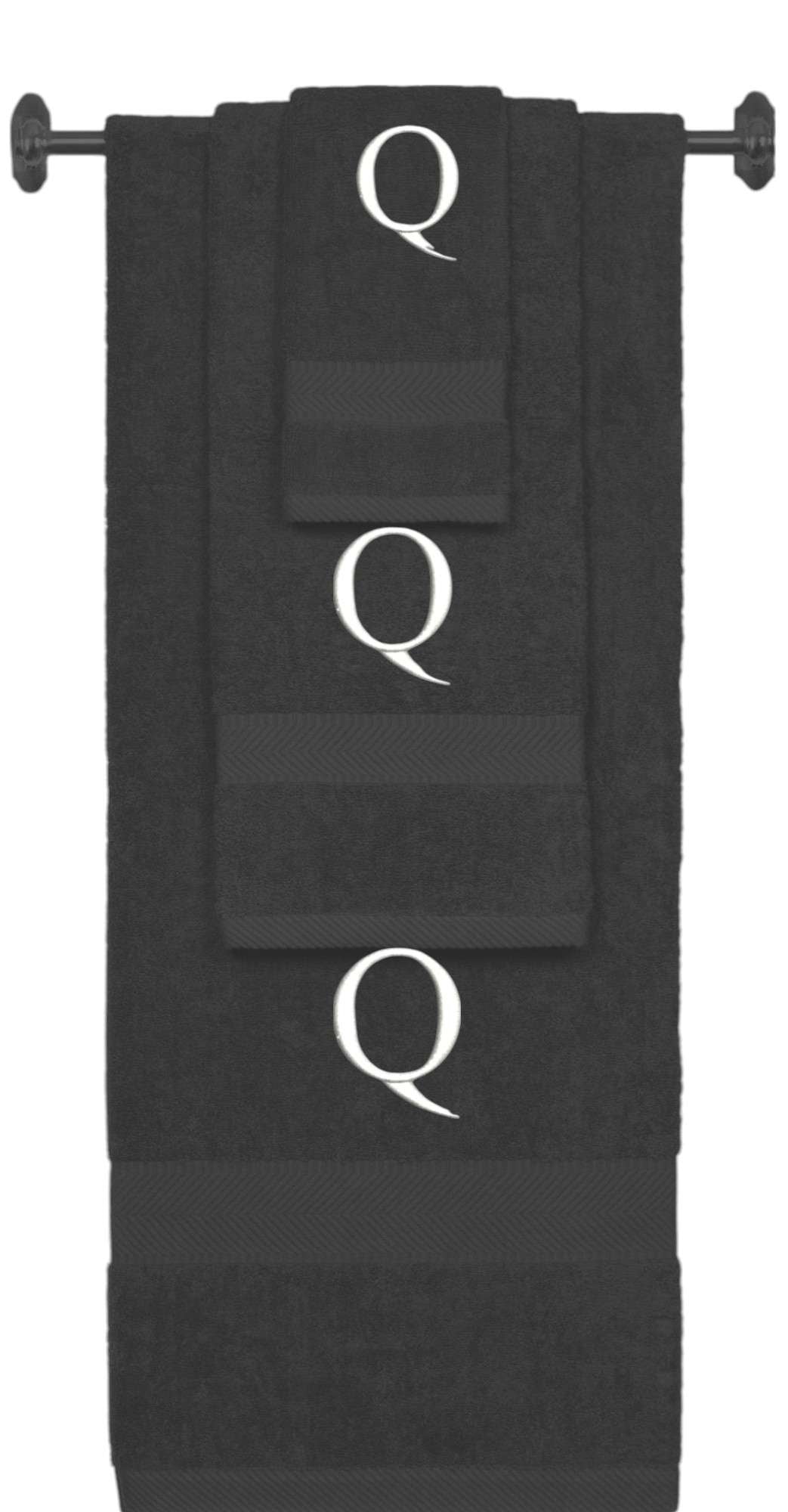 Charcoal monogrammed towel set with White thread, Times New Roman font, initial Q - 540 GSM cotton 3-piece