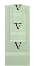 Mint Green monogrammed towel set with Black thread, Times New Roman font, initial V - 540 GSM cotton 3-piece
