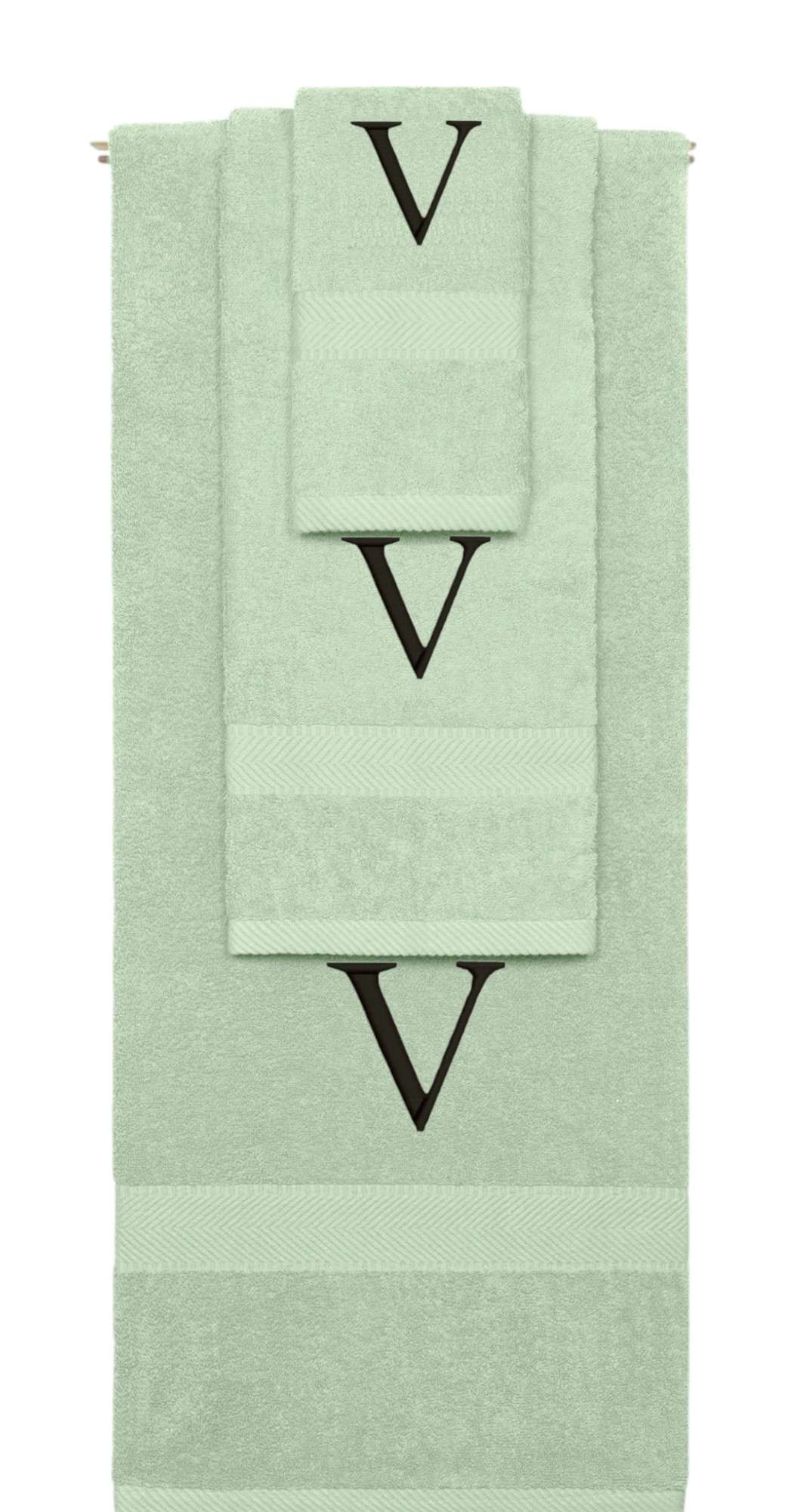 Mint Green monogrammed towel set with Black thread, Times New Roman font, initial V - 540 GSM cotton 3-piece