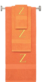 Orange monogrammed towel set with Gold thread, Times New Roman font, initial Z - 540 GSM cotton 3-piece