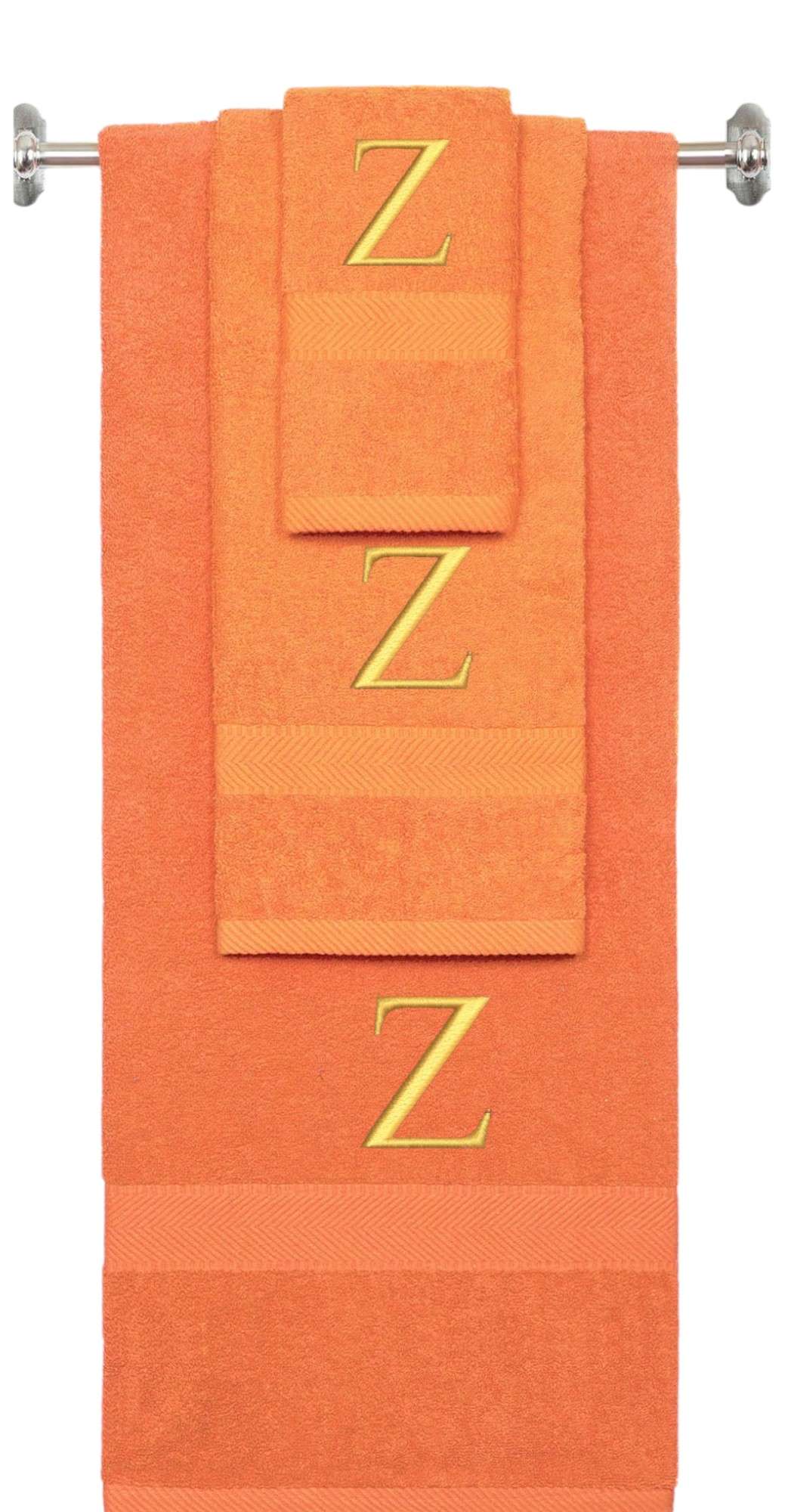 Orange monogrammed towel set with Gold thread, Times New Roman font, initial Z - 540 GSM cotton 3-piece