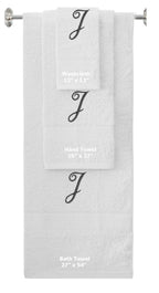 White monogrammed towel set with Black thread, Diana Script font, initial J - 540 GSM cotton 3-piece