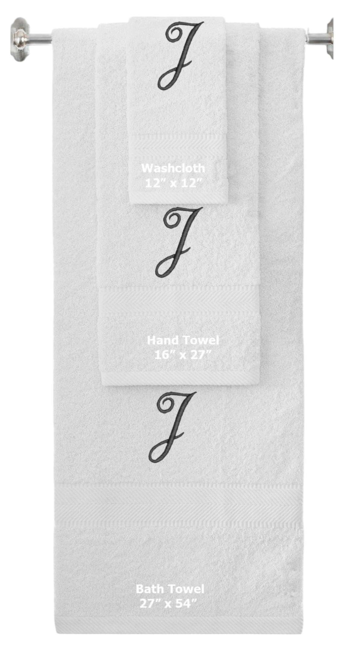 White monogrammed towel set with Black thread, Diana Script font, initial J - 540 GSM cotton 3-piece