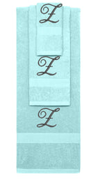 Nautical Teal monogrammed towel set with Black thread, Diana Script font, initial Z - 540 GSM cotton 3-piece
