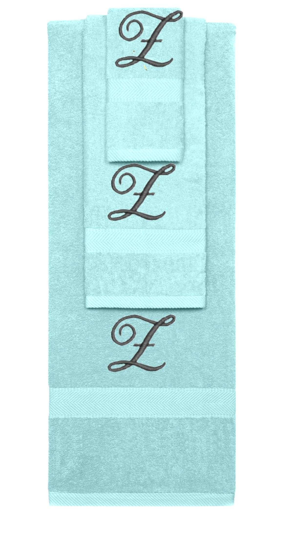 Nautical Teal monogrammed towel set with Black thread, Diana Script font, initial Z - 540 GSM cotton 3-piece