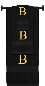 Black monogrammed towel set with Gold thread, Times New Roman font, initial B - 540 GSM cotton 3-piece