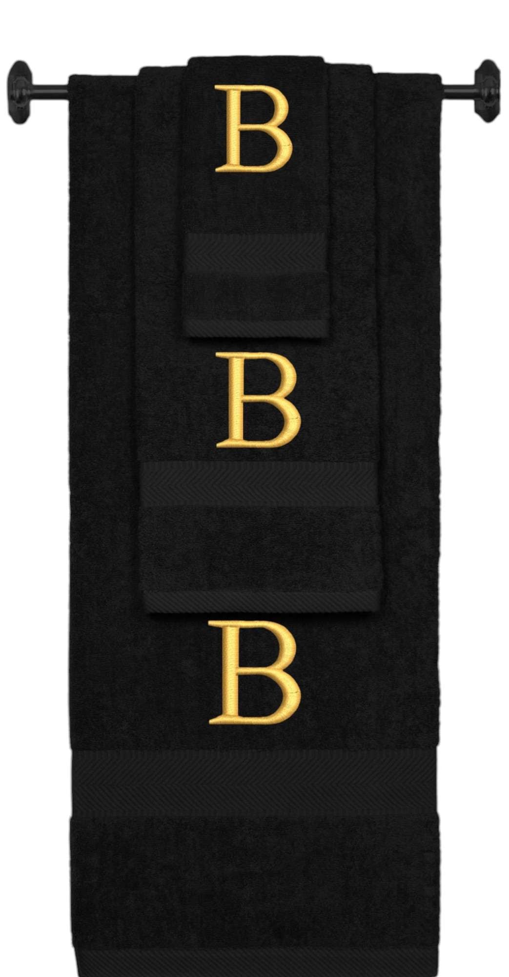Black monogrammed towel set with Gold thread, Times New Roman font, initial B - 540 GSM cotton 3-piece