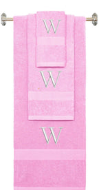 Pink monogrammed towel set with White thread, Times New Roman font, initial W - 540 GSM cotton 3-piece