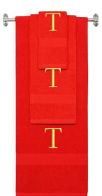 Red monogrammed towel set with Gold thread, Times New Roman font, initial T - 540 GSM cotton 3-piece