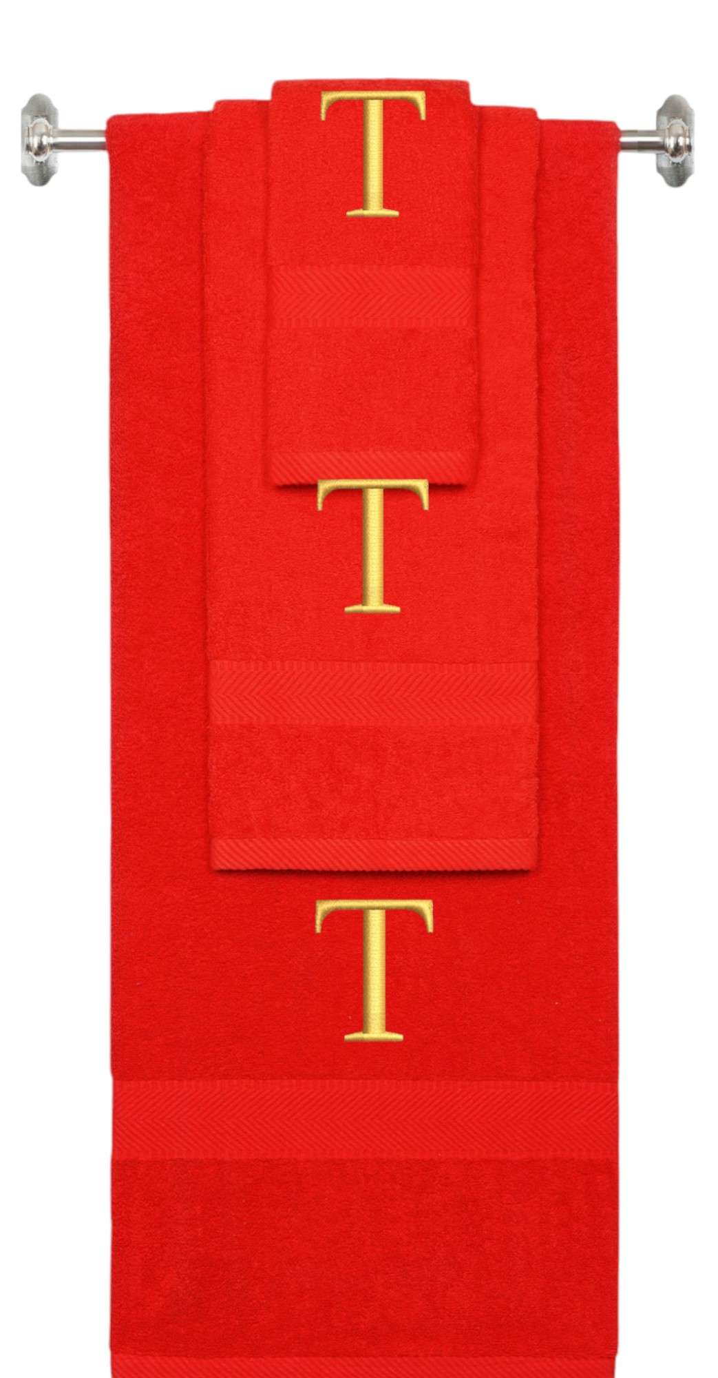 Red monogrammed towel set with Gold thread, Times New Roman font, initial T - 540 GSM cotton 3-piece