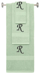 Mint Green monogrammed towel set with Black thread, Chancery font, initial R - 540 GSM cotton 3-piece