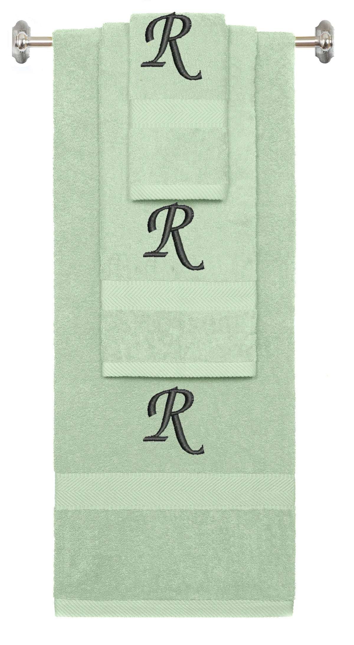 Mint Green monogrammed towel set with Black thread, Chancery font, initial R - 540 GSM cotton 3-piece