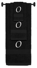 Black monogrammed towel set with Silver thread, Chancery font, initial O - 540 GSM cotton 3-piece