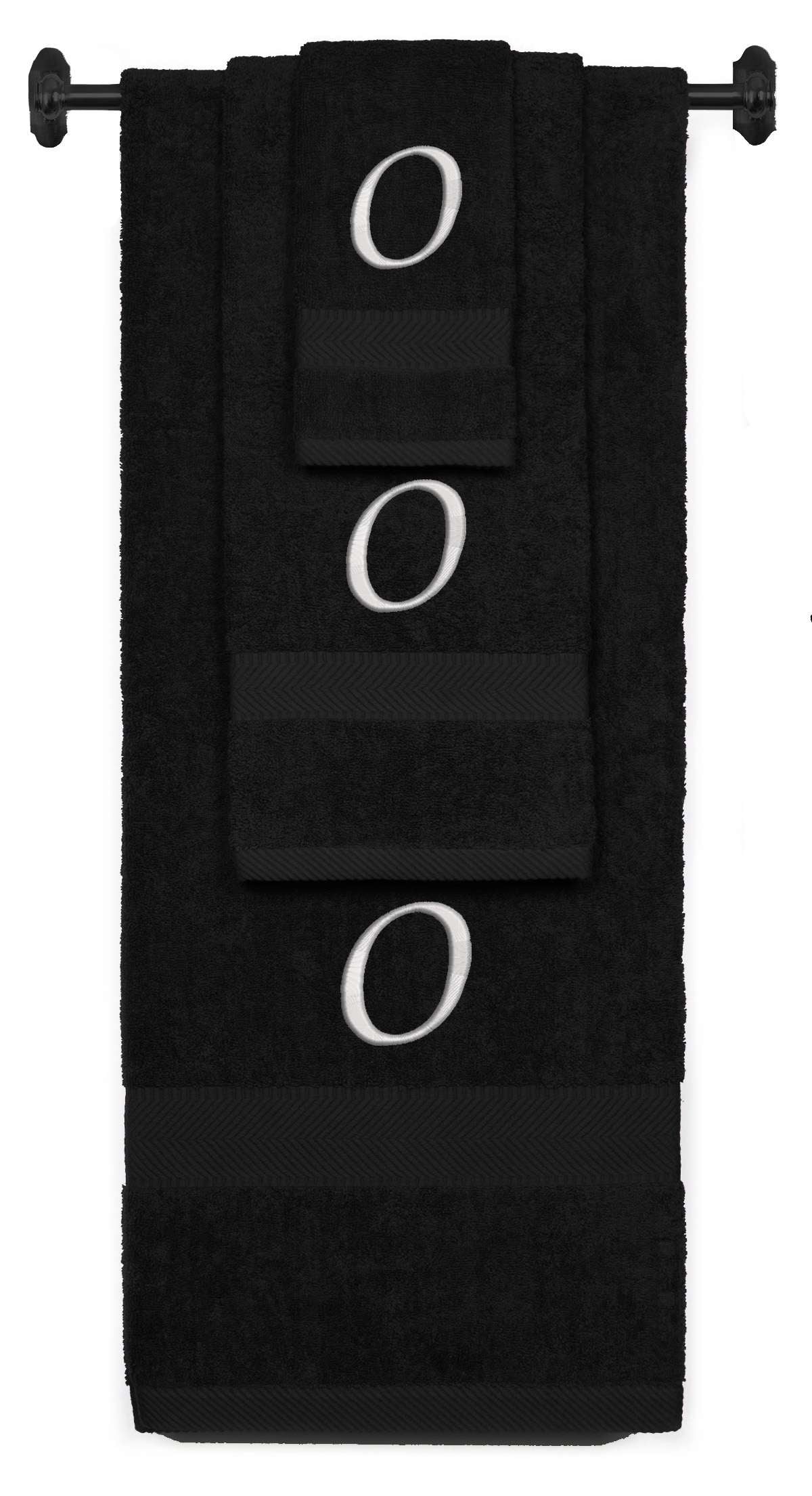 Black monogrammed towel set with Silver thread, Chancery font, initial O - 540 GSM cotton 3-piece