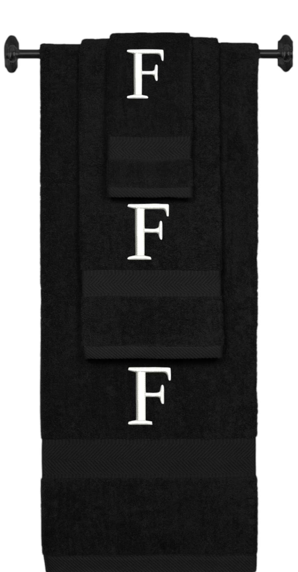 Black monogrammed towel set with White thread, Times New Roman font, initial F - 540 GSM cotton 3-piece