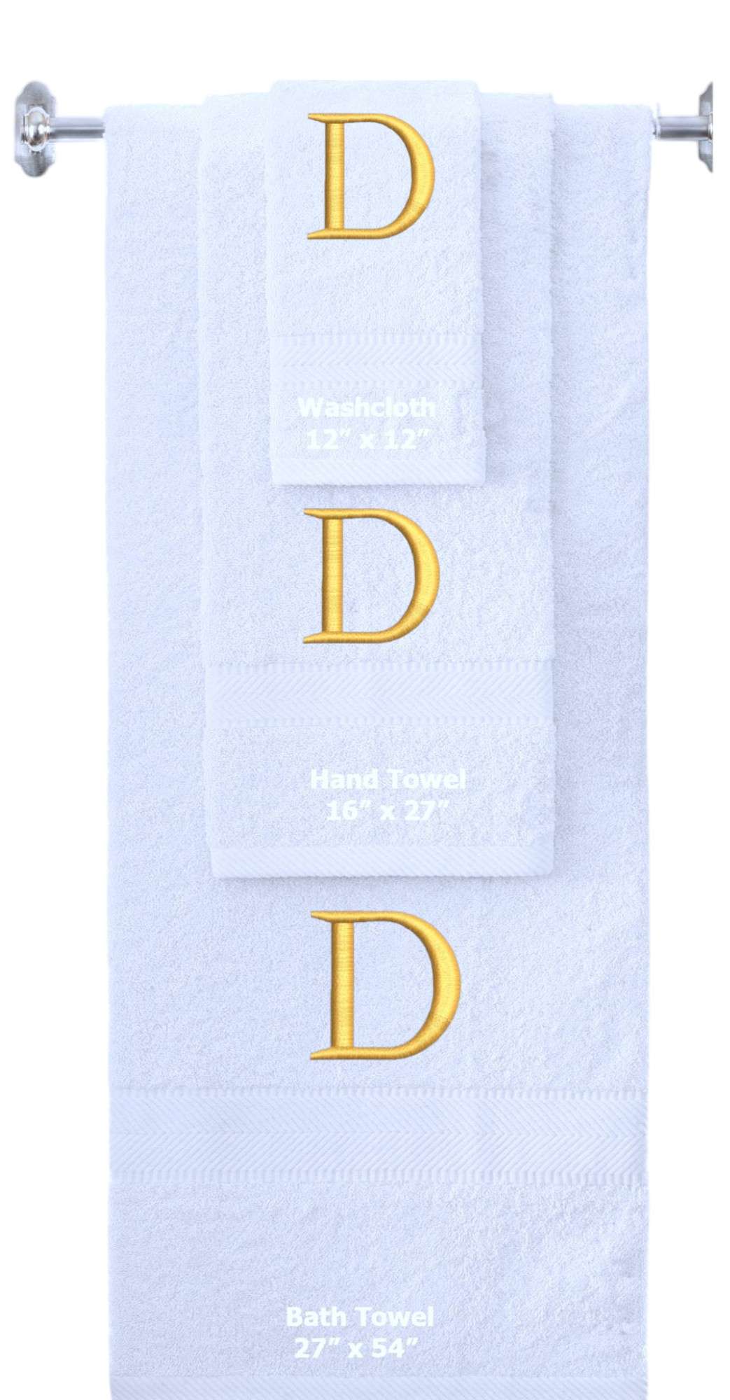 White monogrammed towel set with Gold thread, Times New Roman font, initial D - 540 GSM cotton 3-piece