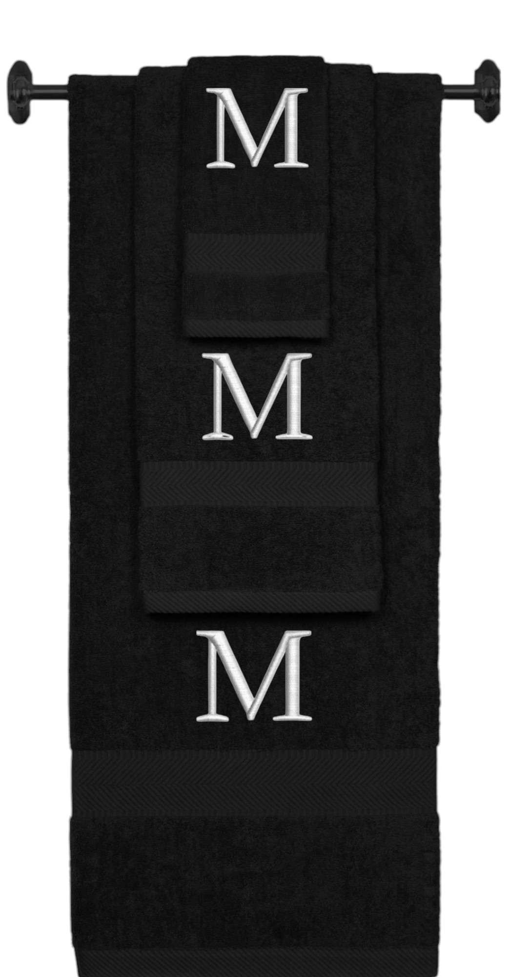 Black monogrammed towel set with Silver thread, Times New Roman font, initial M - 540 GSM cotton 3-piece
