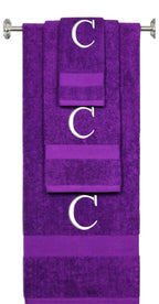 Purple monogrammed towel set with White thread, Times New Roman font, initial C - 540 GSM cotton 3-piece