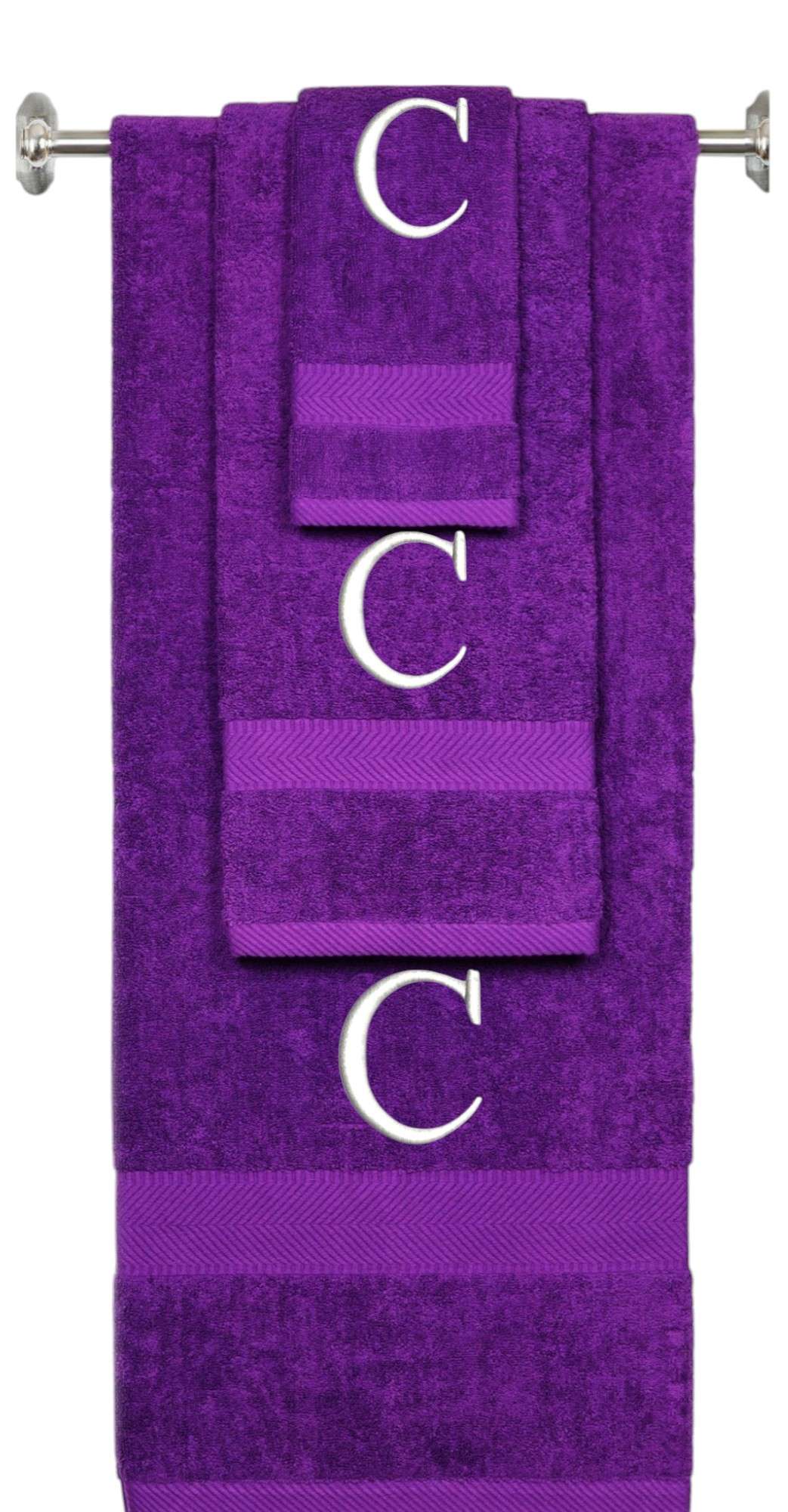 Purple monogrammed towel set with White thread, Times New Roman font, initial C - 540 GSM cotton 3-piece