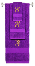 Purple monogrammed towel set with Gold thread, Diana Script font, initial G - 540 GSM cotton 3-piece