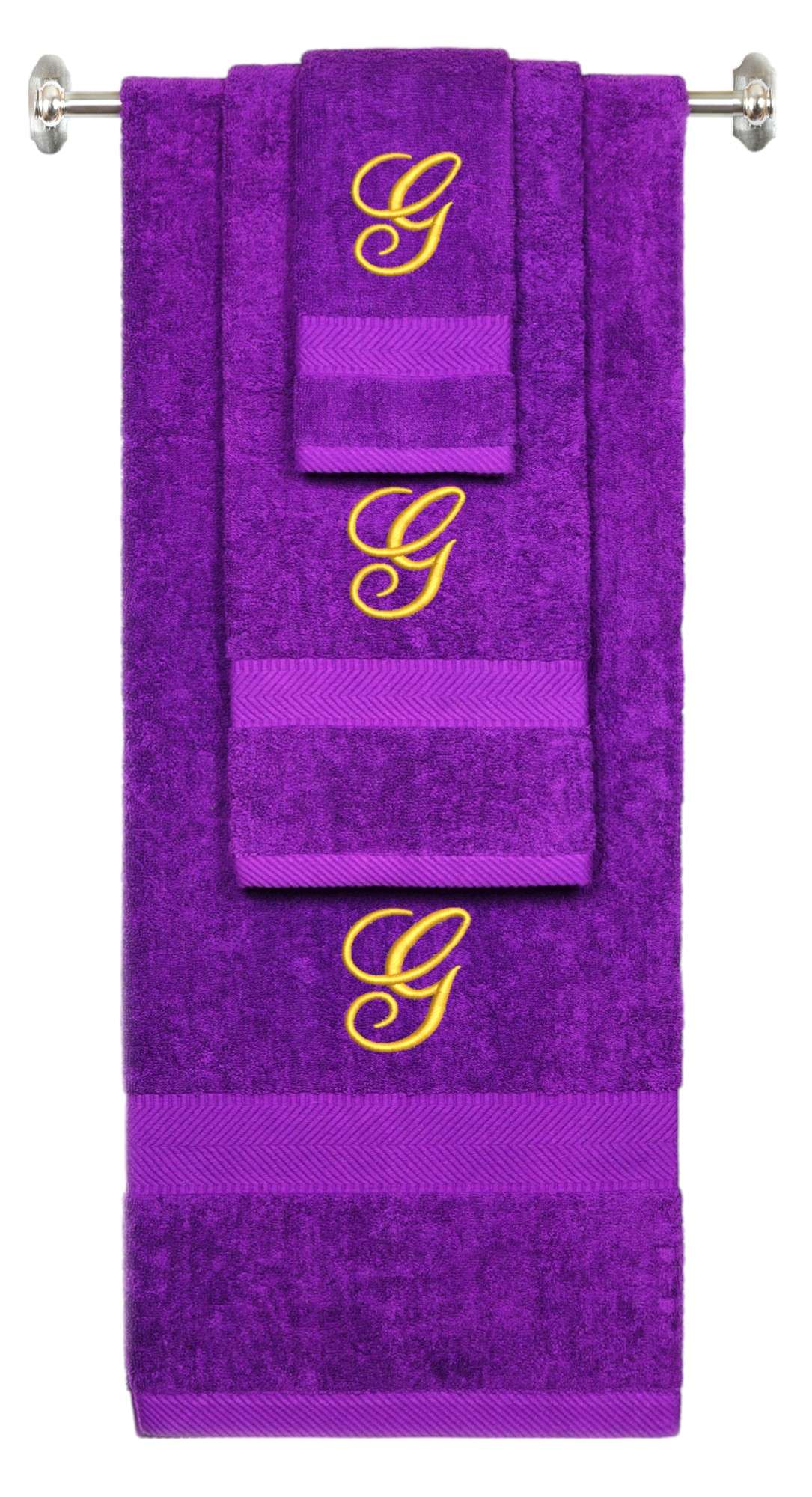 Purple monogrammed towel set with Gold thread, Diana Script font, initial G - 540 GSM cotton 3-piece