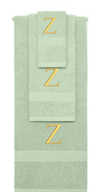 Mint Green monogrammed towel set with Gold thread, Times New Roman font, initial Z - 540 GSM cotton 3-piece
