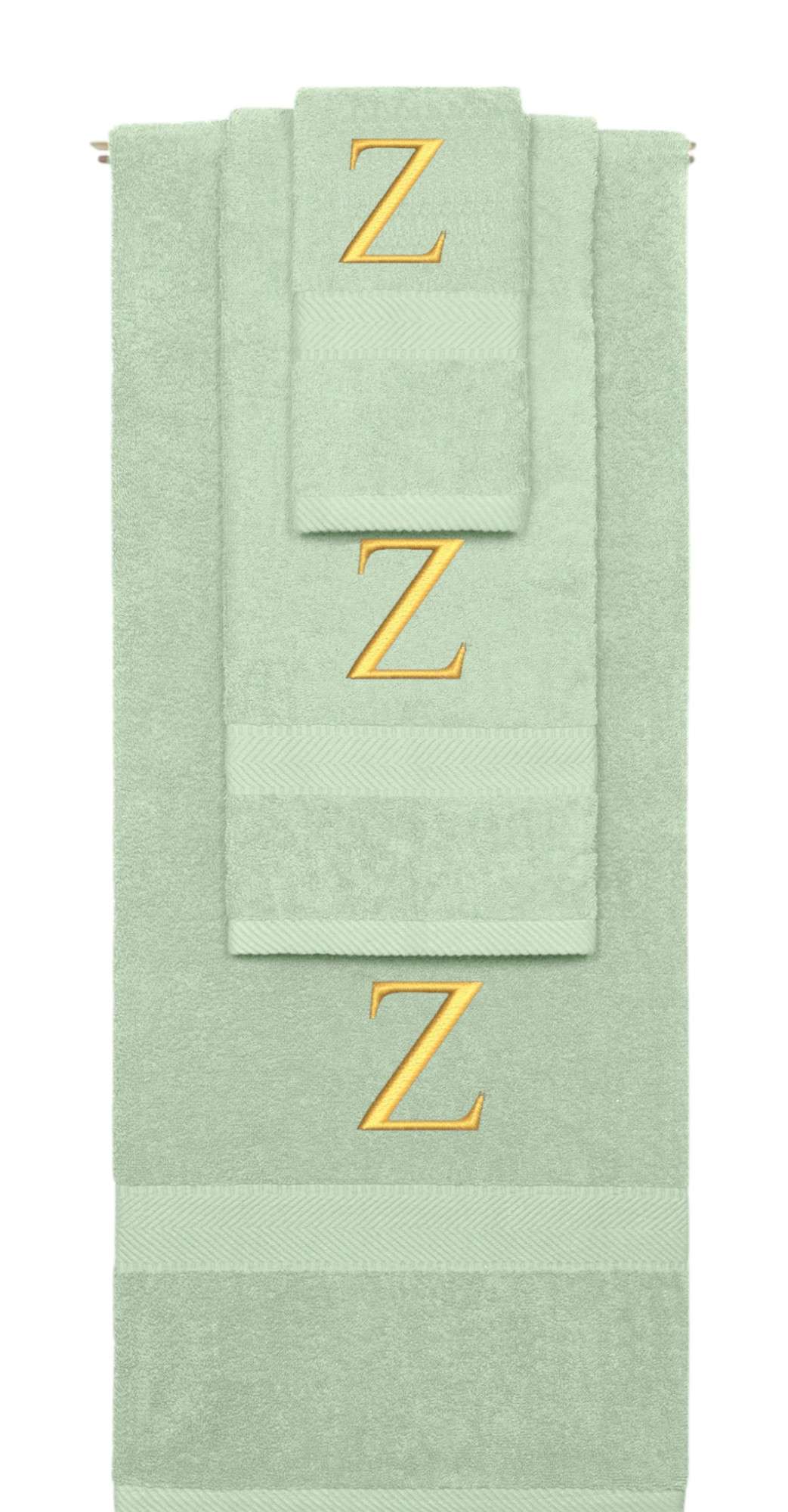 Mint Green monogrammed towel set with Gold thread, Times New Roman font, initial Z - 540 GSM cotton 3-piece