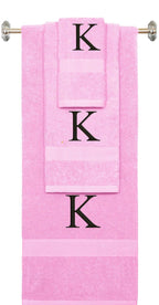 Pink monogrammed towel set with Black thread, Times New Roman font, initial K - 540 GSM cotton 3-piece