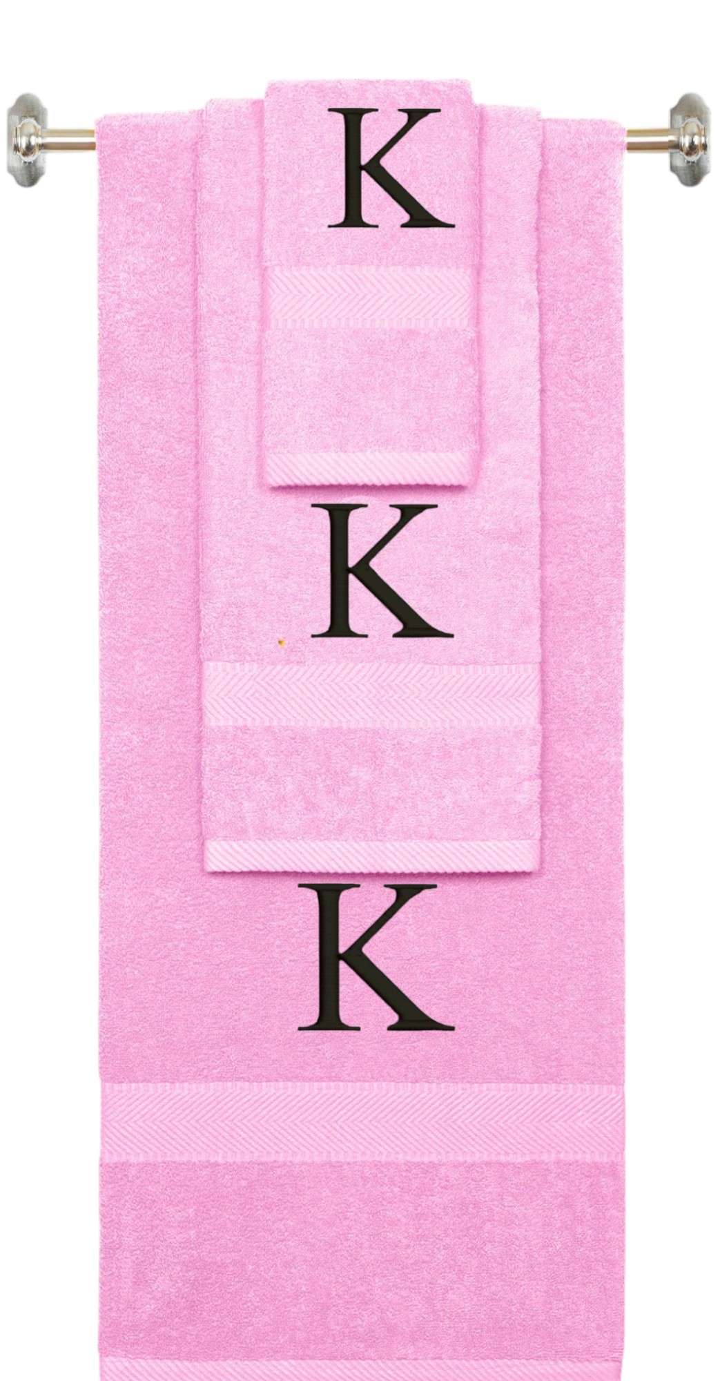 Pink monogrammed towel set with Black thread, Times New Roman font, initial K - 540 GSM cotton 3-piece