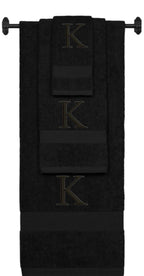 Black monogrammed towel set with Black thread, Times New Roman font, initial K - 540 GSM cotton 3-piece
