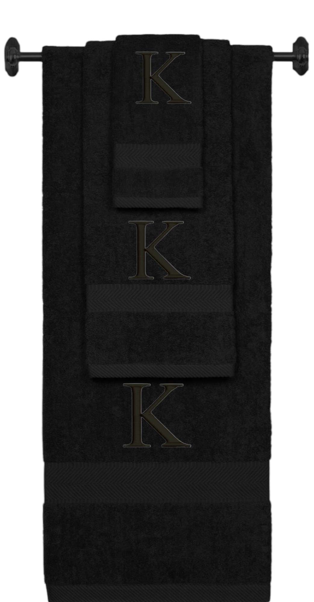 Black monogrammed towel set with Black thread, Times New Roman font, initial K - 540 GSM cotton 3-piece