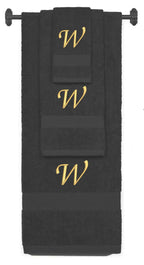 Charcoal monogrammed towel set with Gold thread, Chancery font, initial W - 540 GSM cotton 3-piece