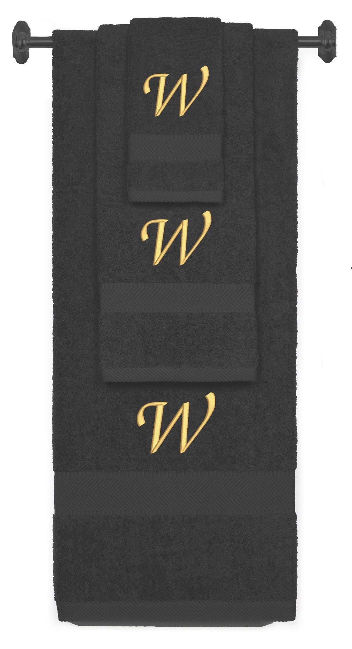 Charcoal monogrammed towel set with Gold thread, Chancery font, initial W - 540 GSM cotton 3-piece