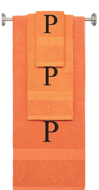 Orange monogrammed towel set with Black thread, Times New Roman font, initial P - 540 GSM cotton 3-piece