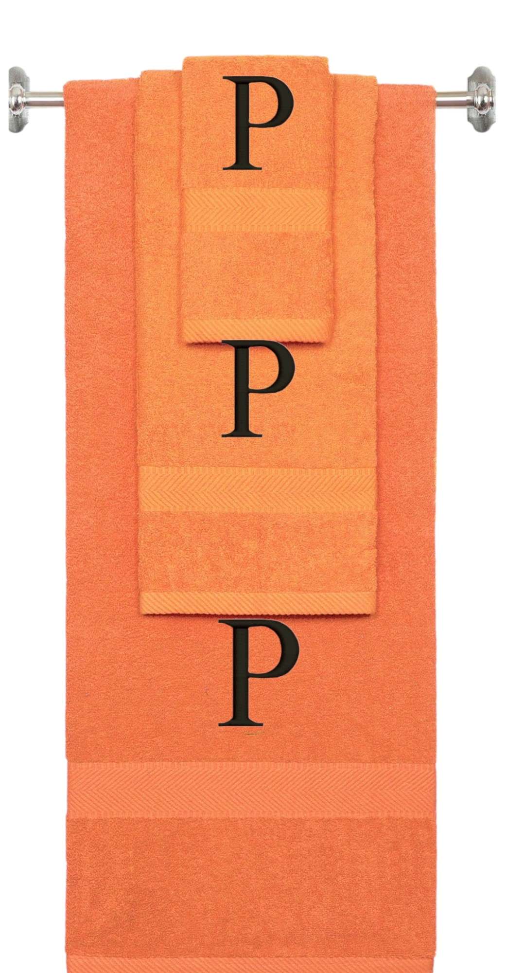 Orange monogrammed towel set with Black thread, Times New Roman font, initial P - 540 GSM cotton 3-piece