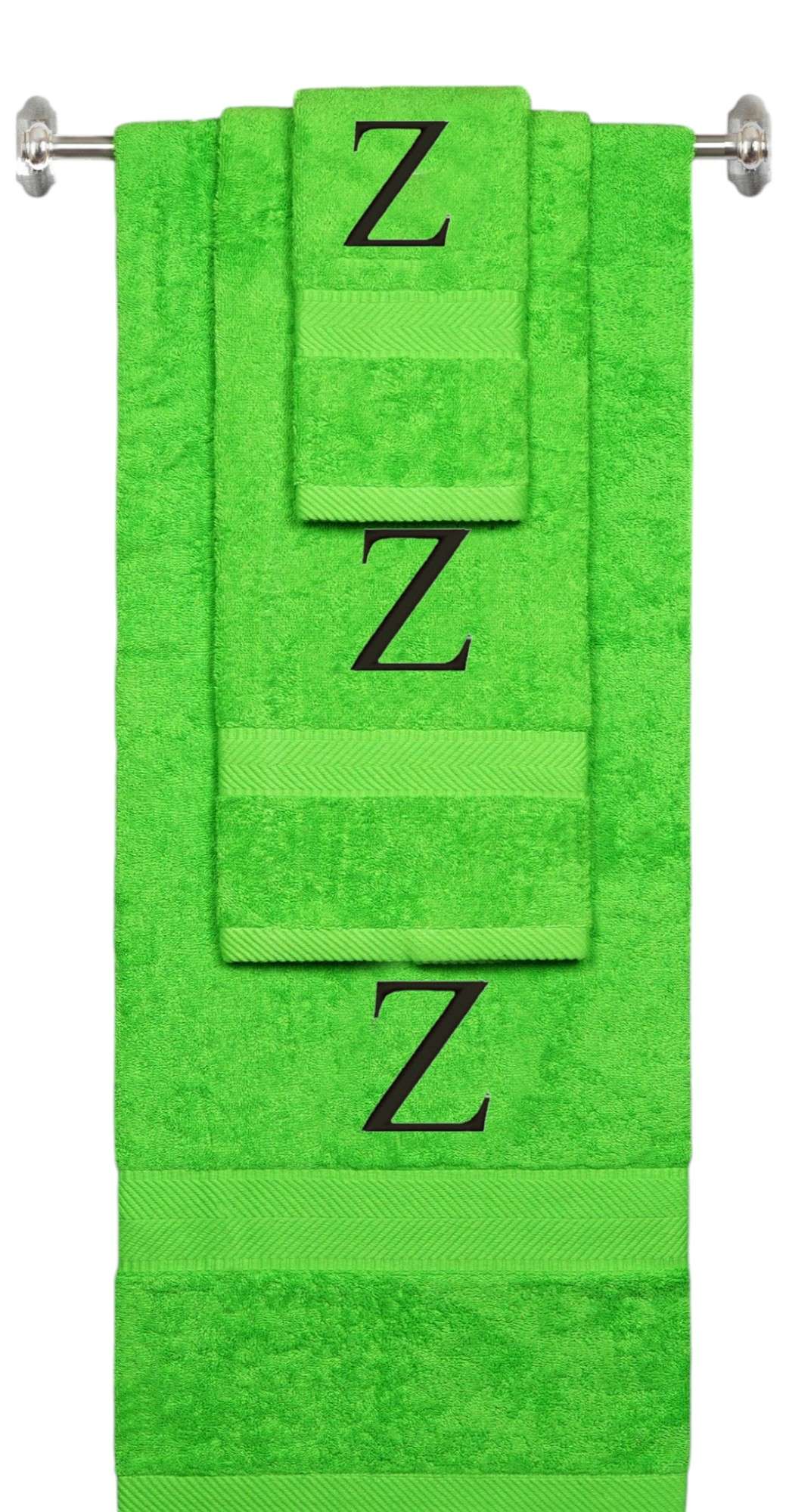 Lime monogrammed towel set with Black thread, Times New Roman font, initial Z - 540 GSM cotton 3-piece
