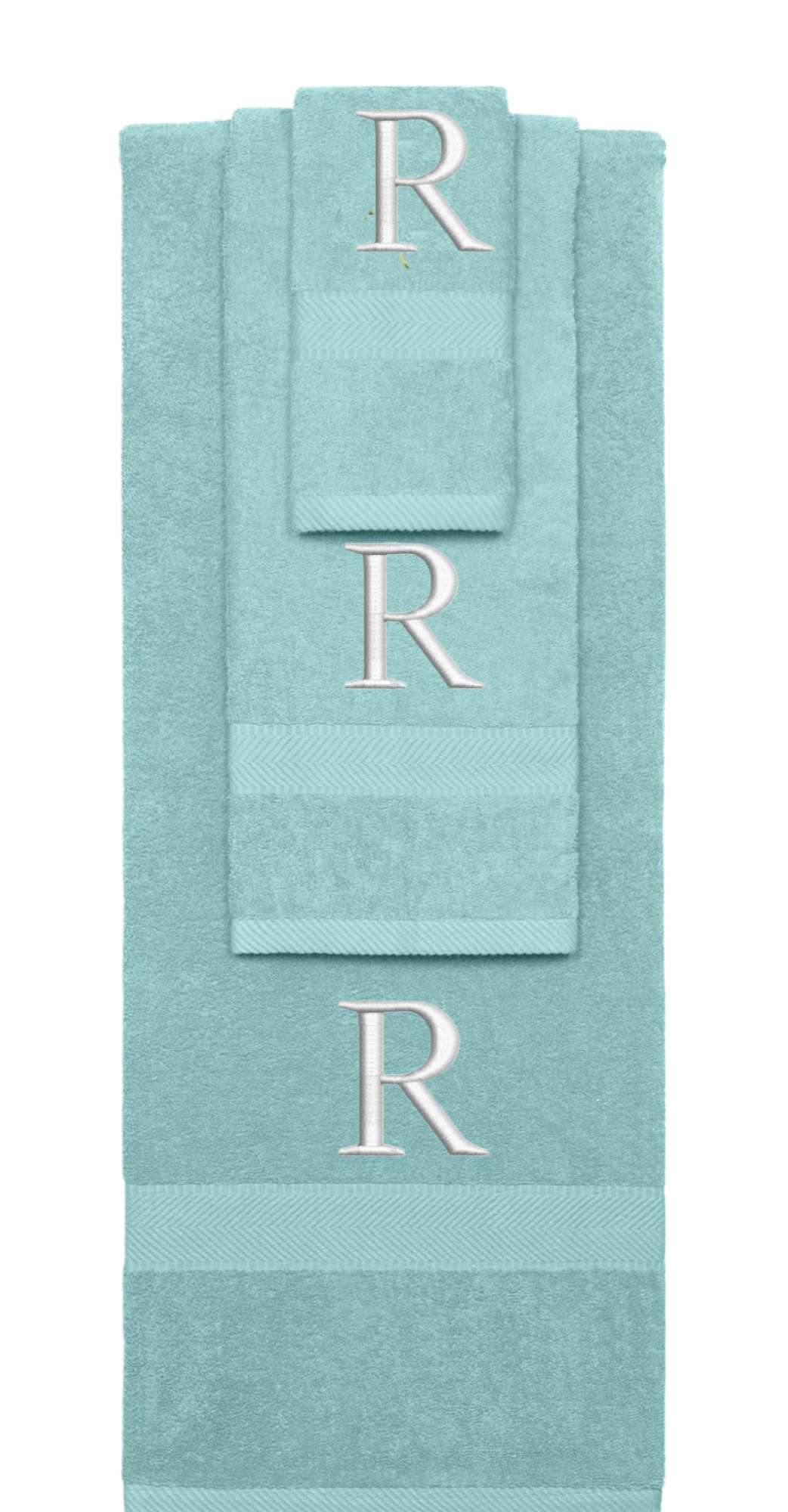 Nautical Teal monogrammed towel set with Silver thread, Times New Roman font, initial R - 540 GSM cotton 3-piece