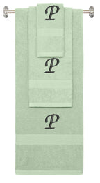 Mint Green monogrammed towel set with Black thread, Chancery font, initial P - 540 GSM cotton 3-piece