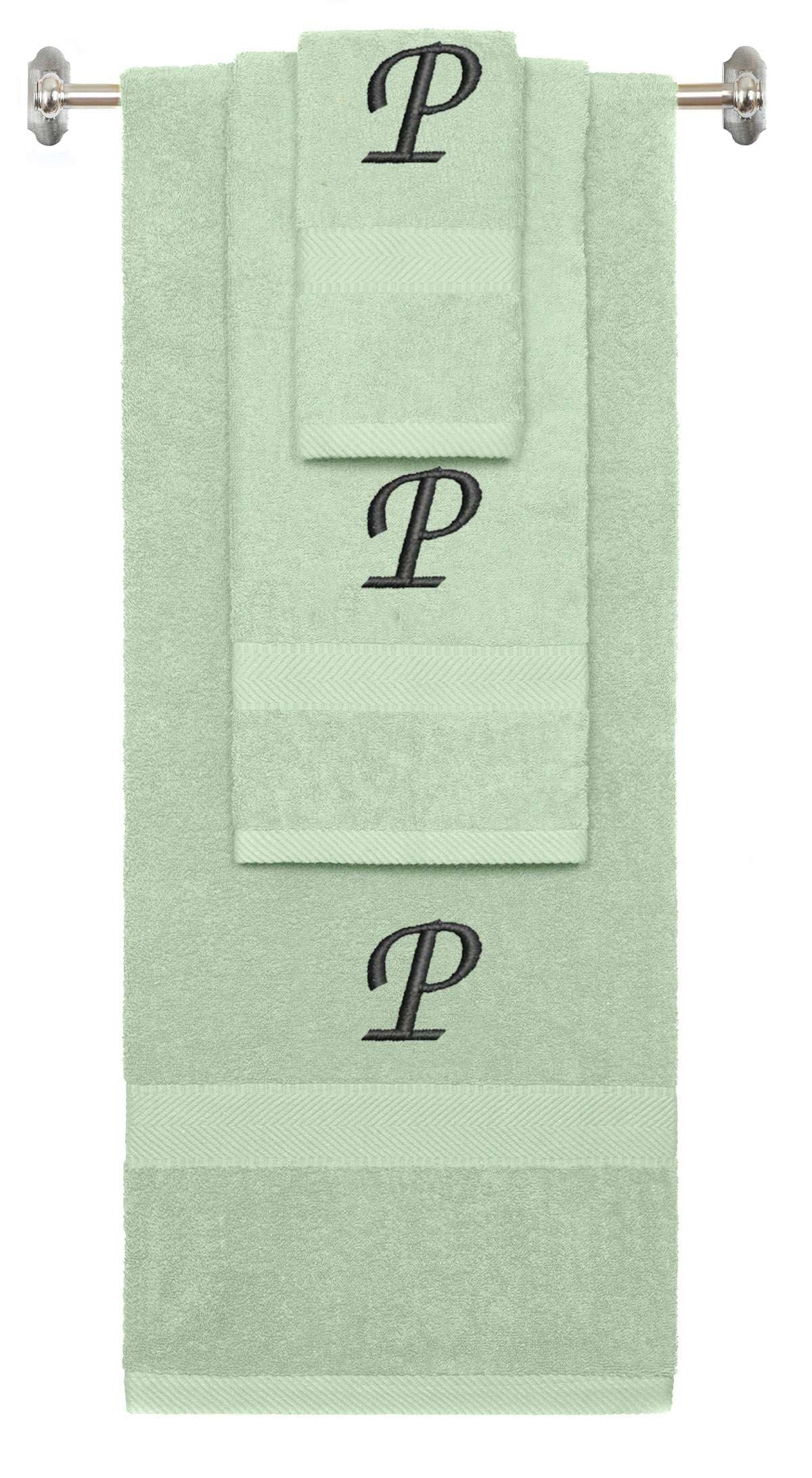 Mint Green monogrammed towel set with Black thread, Chancery font, initial P - 540 GSM cotton 3-piece