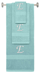 Nautical Teal monogrammed towel set with White thread, Chancery font, initial E - 540 GSM cotton 3-piece