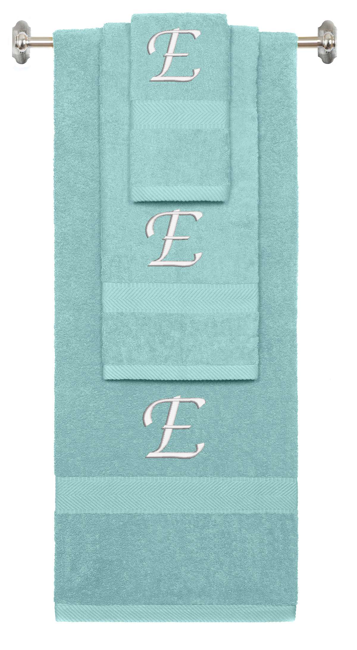 Nautical Teal monogrammed towel set with White thread, Chancery font, initial E - 540 GSM cotton 3-piece