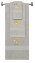 Silver monogrammed towel set with Gold thread, Chancery font, initial E - 540 GSM cotton 3-piece