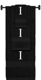 Black monogrammed towel set with White thread, Times New Roman font, initial I - 540 GSM cotton 3-piece